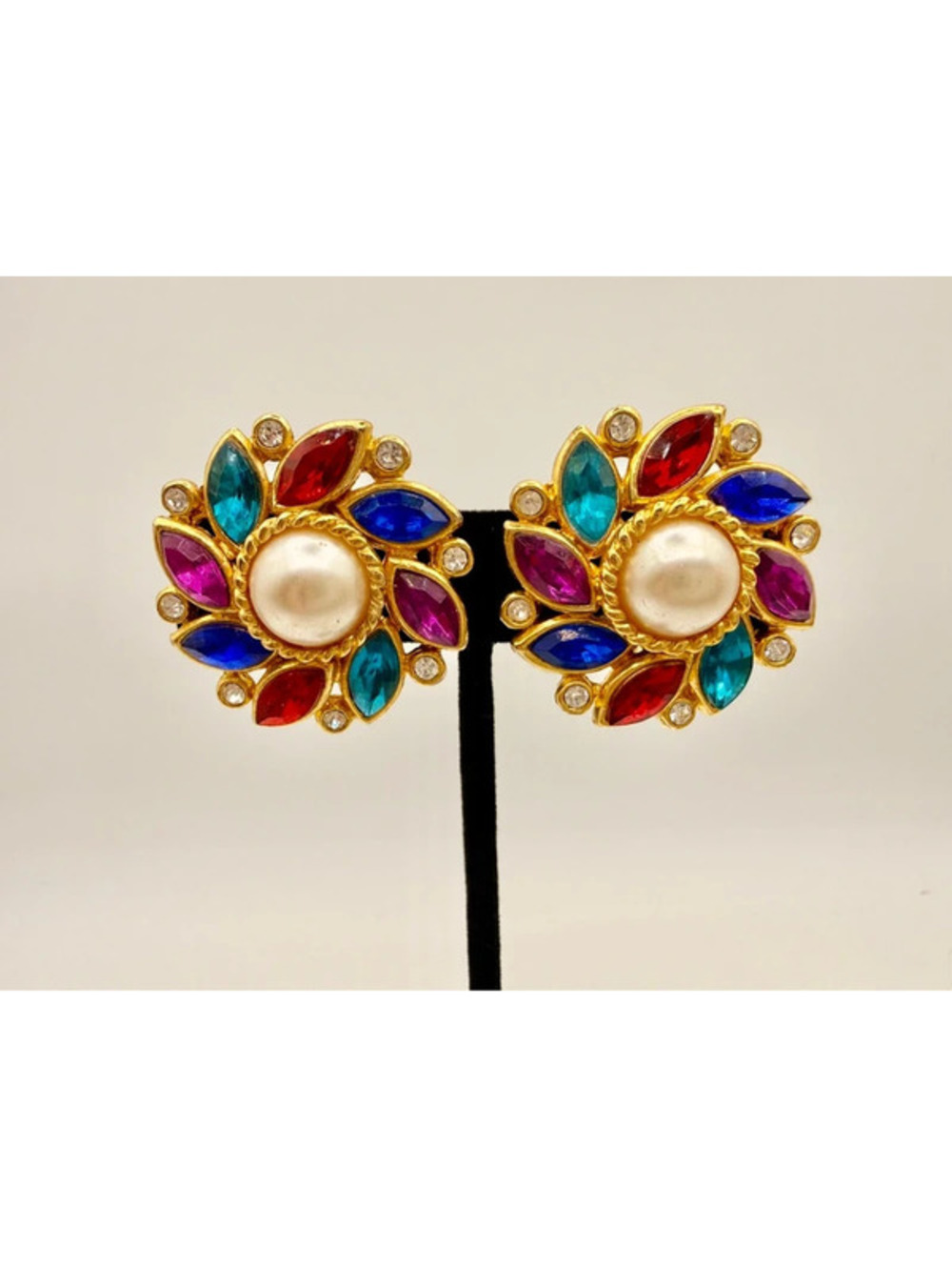 Vintage Jewel Tone Rhinestone Clip On Earrings